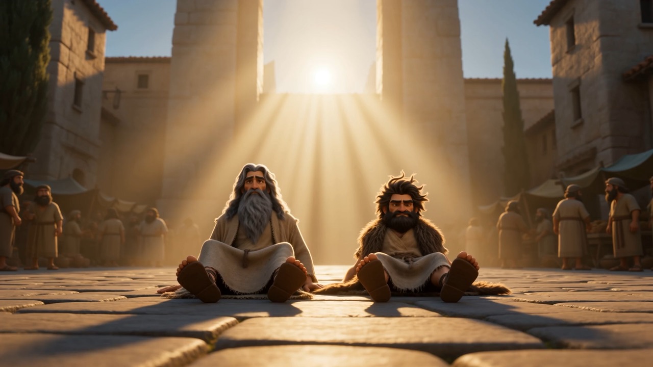 Two men sit up on the flagstones, in the middle of the morning, in front of everybody