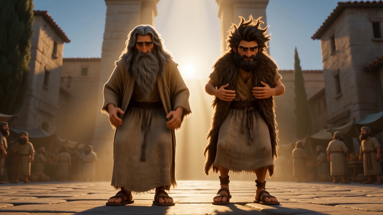 Knees, then height, then full height — and a workmanlike tug to straighten the sackcloth