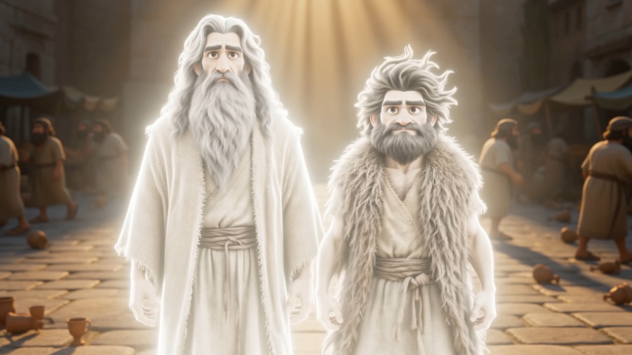 Two figures of blazing white, standing exactly where the still forms lay