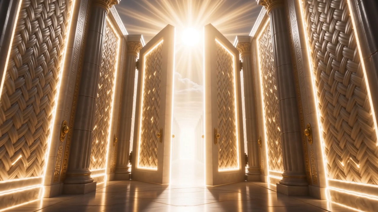 Deep in heaven, doors of woven light — and they swing wide