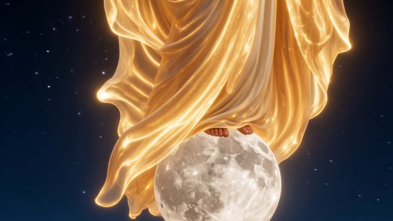 Bare feet resting on the full moon, robes of moving daylight falling past it