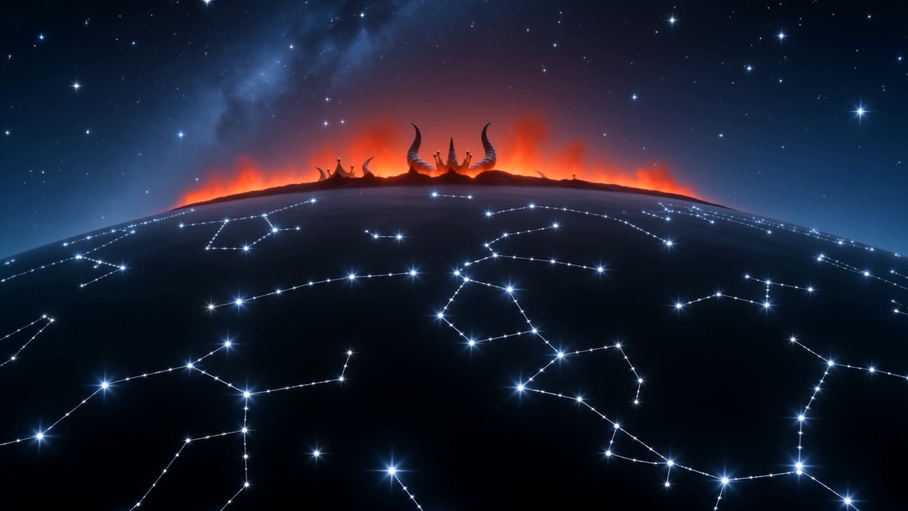Horns break the horizon. The constellations behind them go out