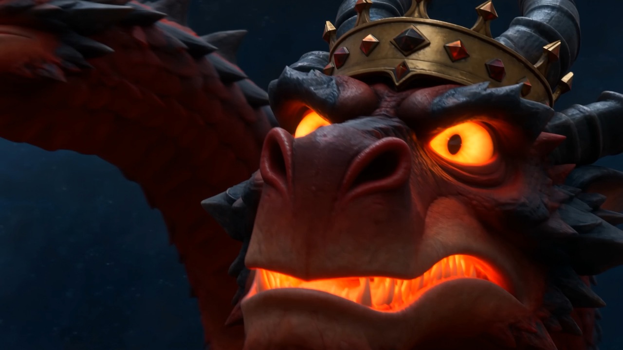 Coal-fire eyes with slit pupils. A crown sitting slightly wrong