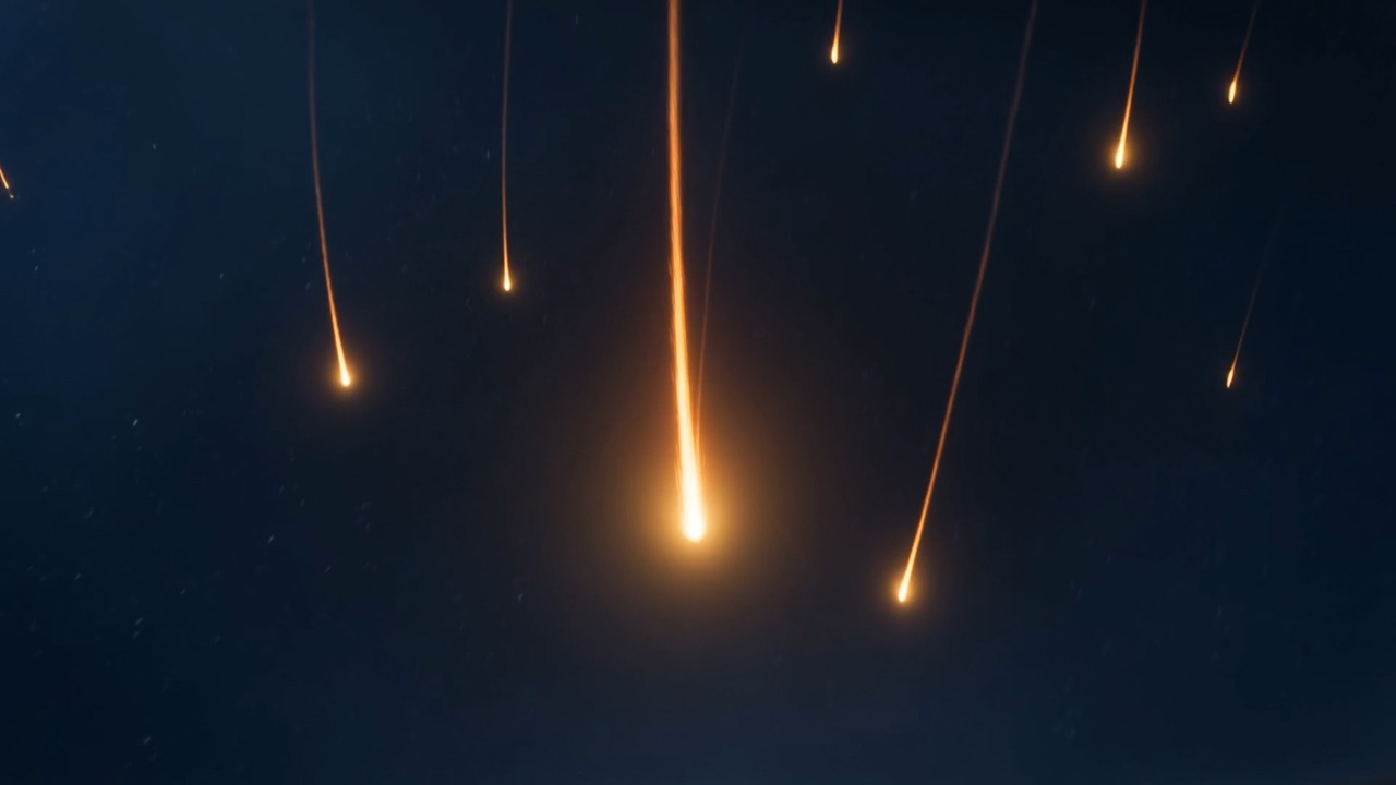 They fall in long thin fire-lines, hundreds of them, down the dark
