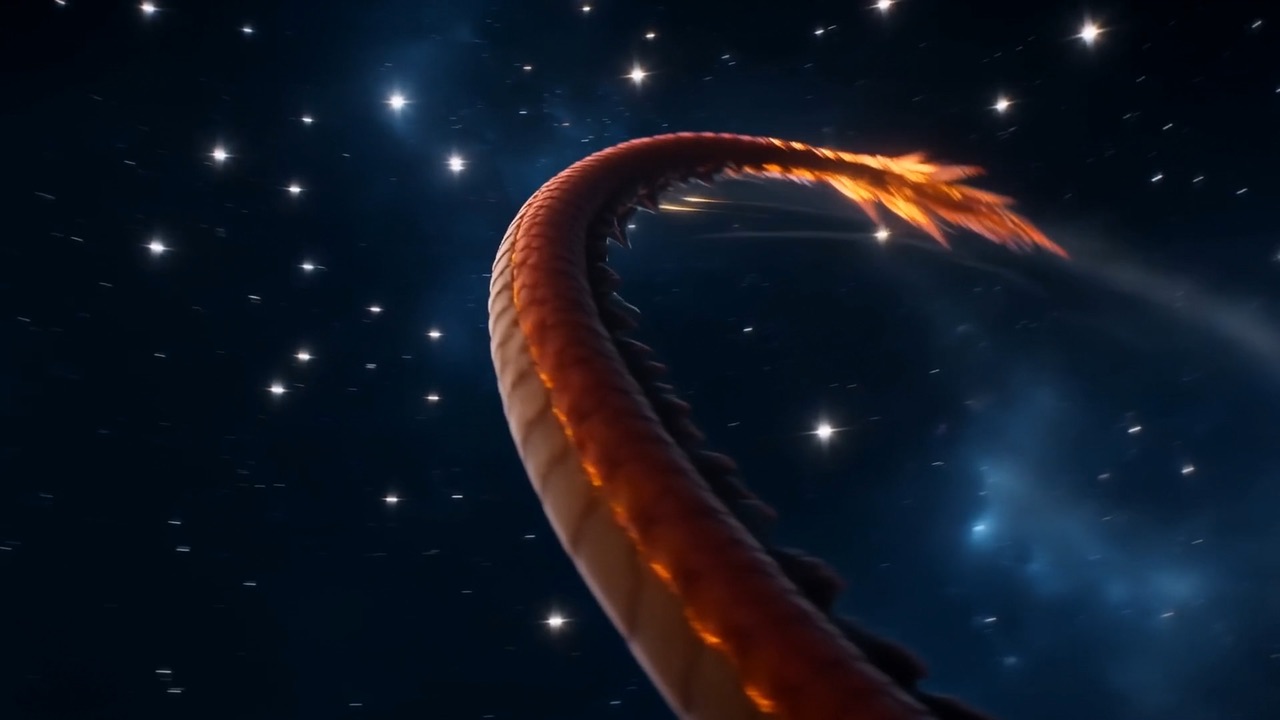 The tail lifts, lazily, into the star-field — a ridge-line longer than a horizon