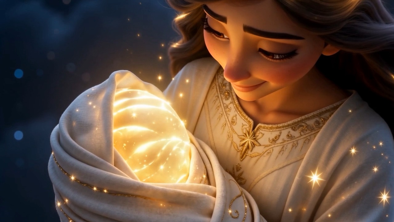 Her light crests — and the Child is simply there: a bundle of morning in swaddling