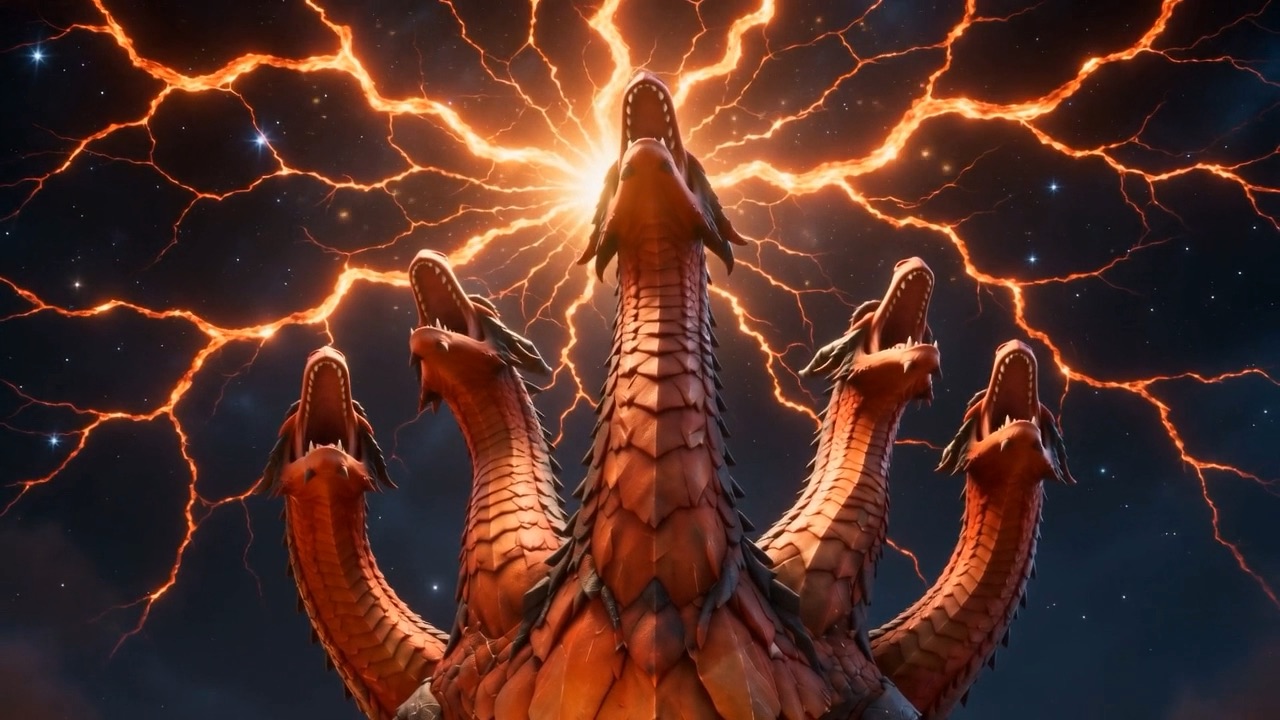 The roar cracks the sky — thin red fractures spidering across the dark