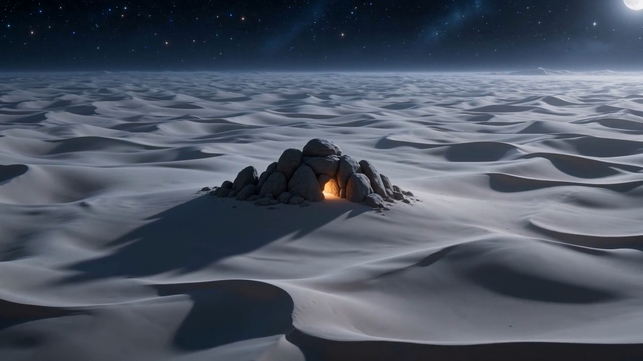 Ahead, out among the pale dunes: one small fold of rock, with a light already lit in it