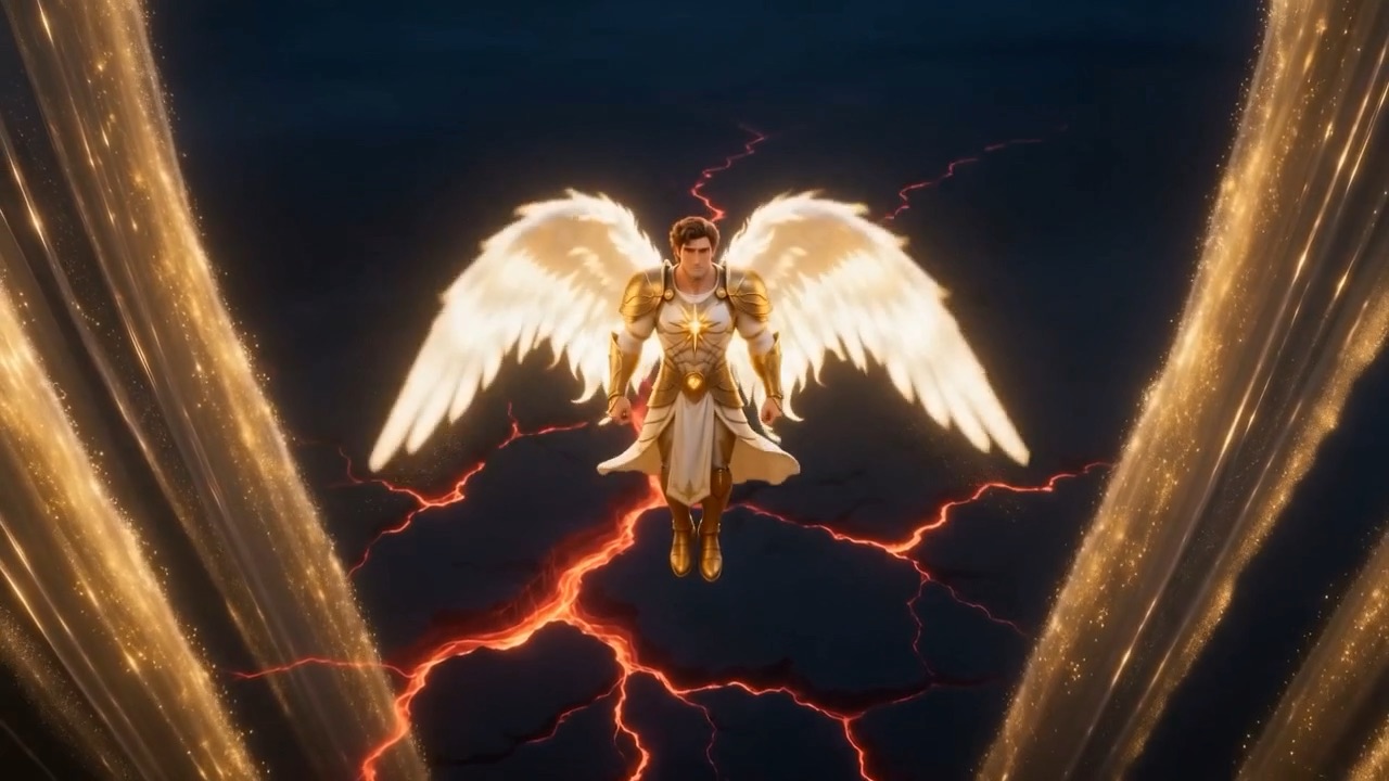 The ranks of heaven draw aside like curtains of dawn, and one figure comes down through them