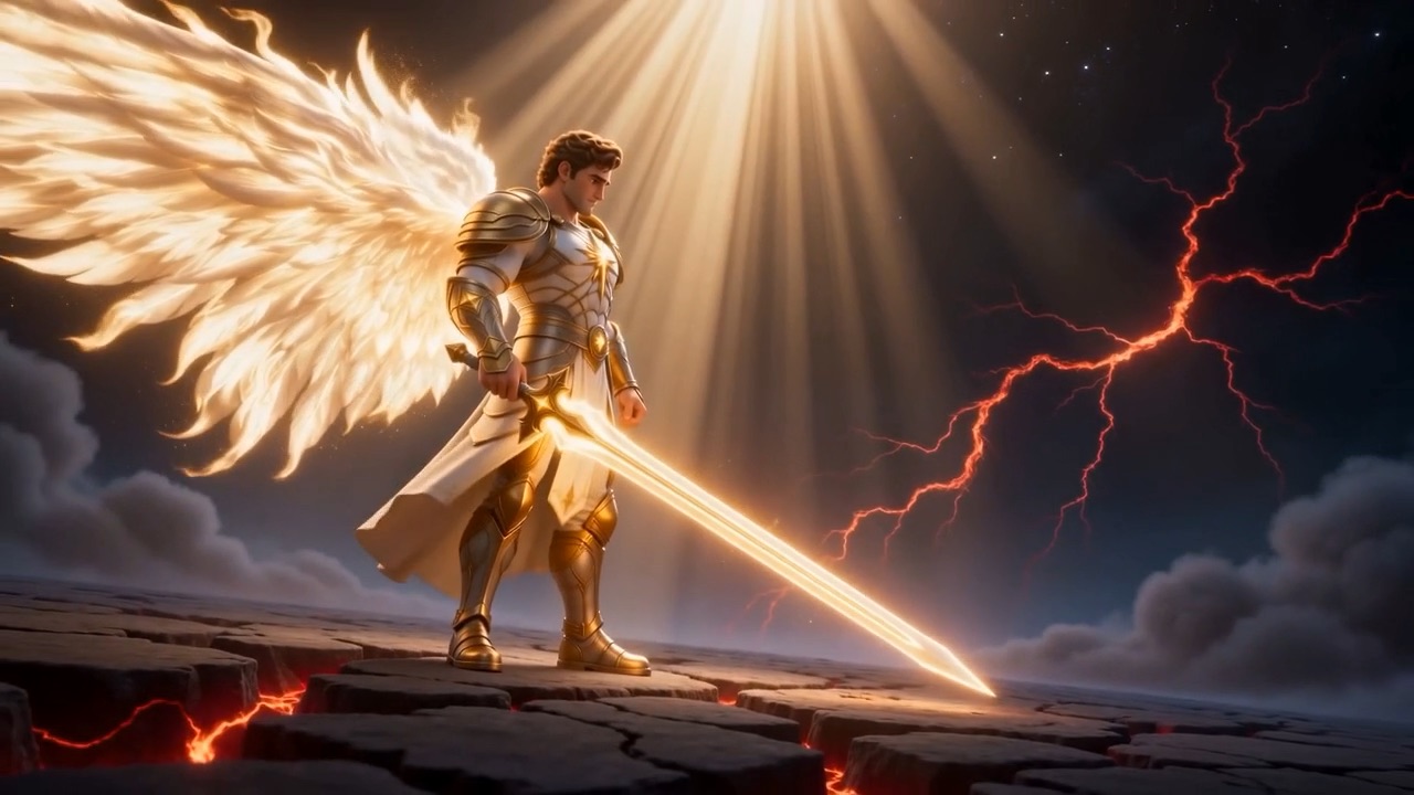 He levels the daybreak-blade at the red-cracked dark below