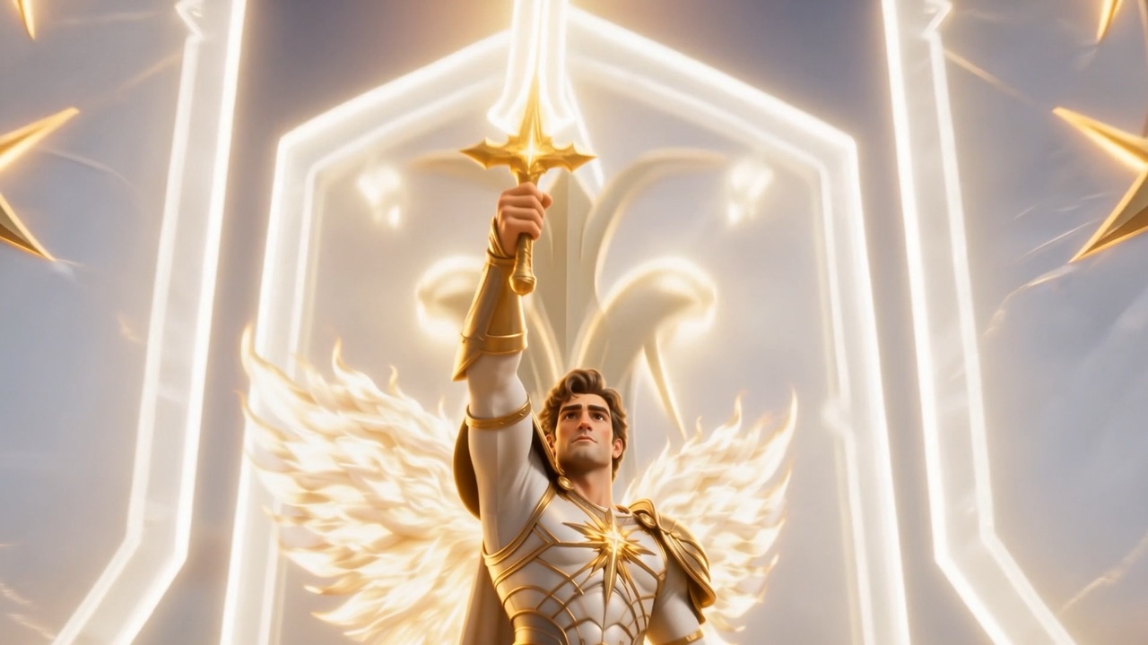 He lifts the sword, and every shield in heaven brightens one degree, answering him