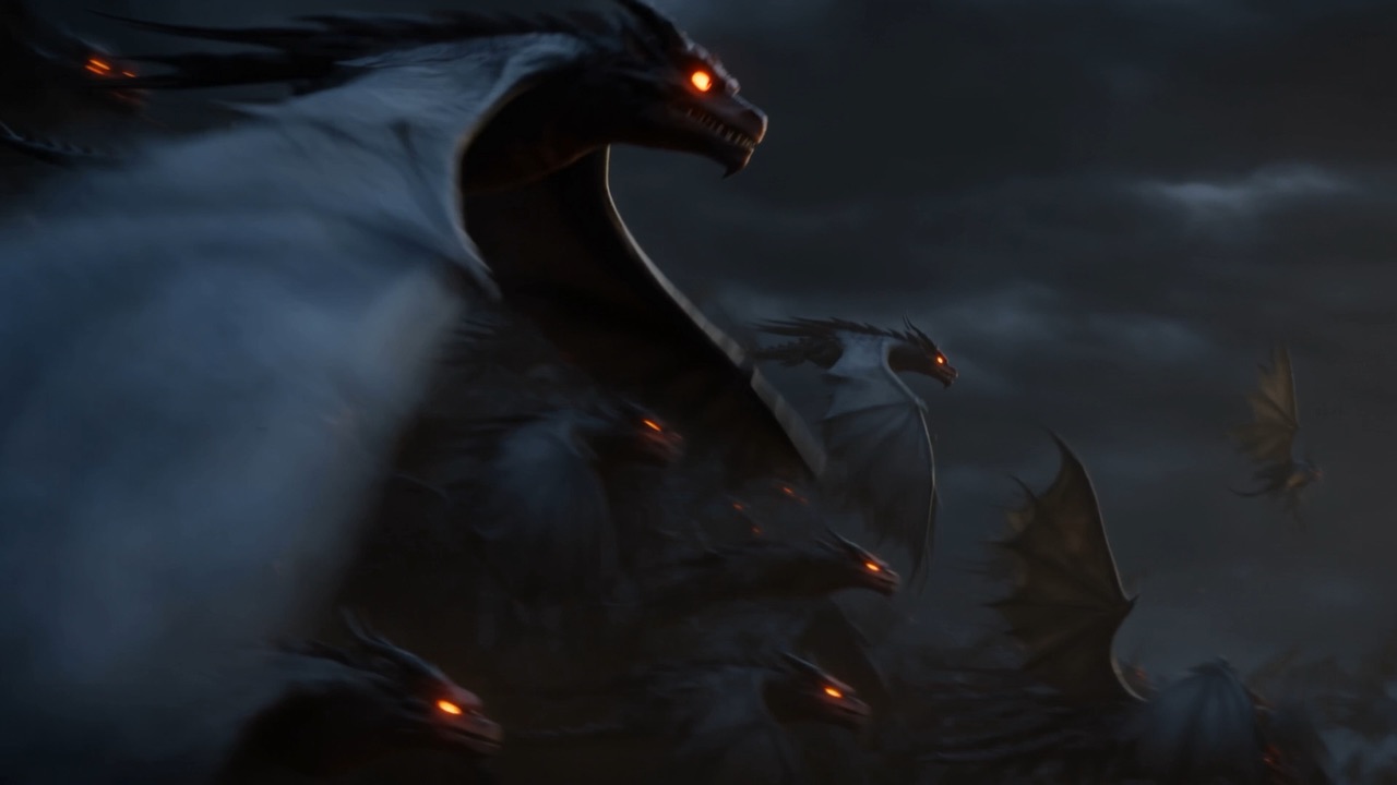Ragged dark wings by the thousand, ember eyes in the swirl of it