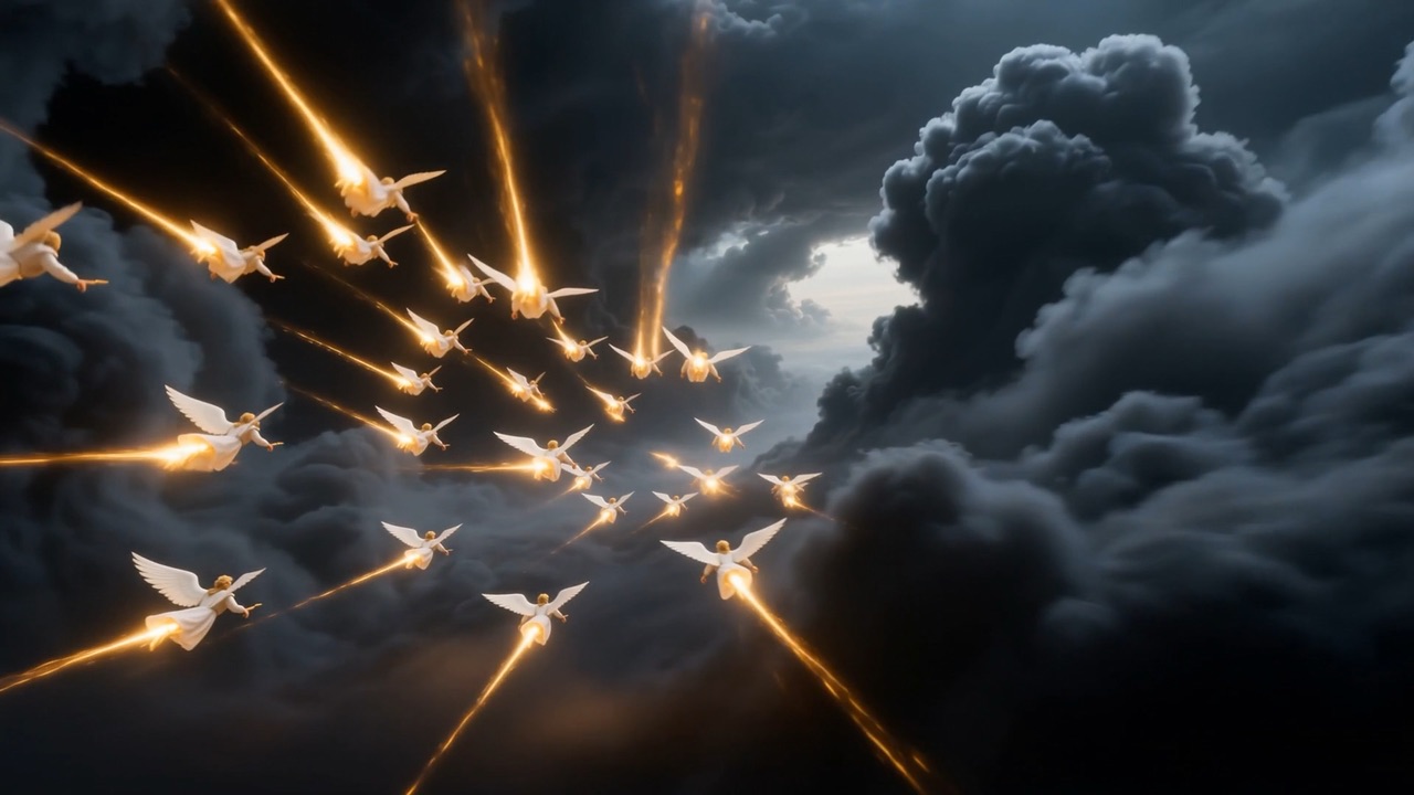 Then the two weathers close — wedges of blazing angels punching tunnels through the shadow
