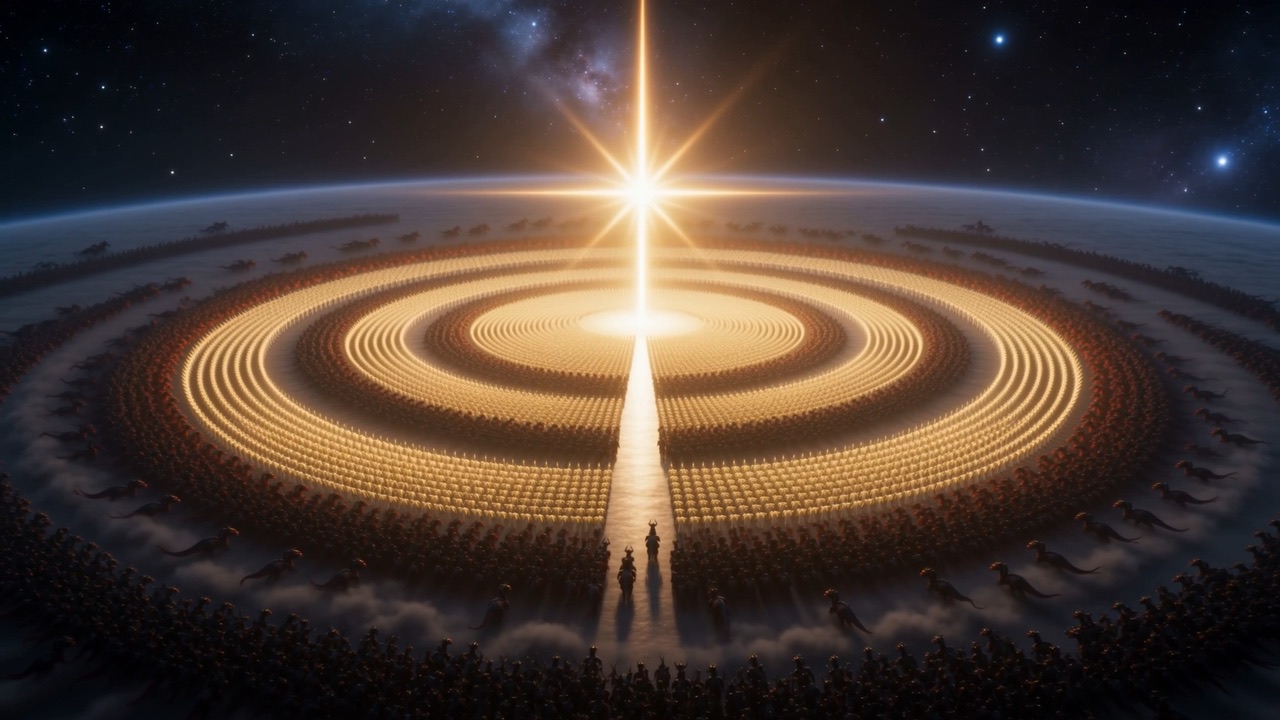 The whole war wheels slowly around one fixed bright point, galaxies for a floor