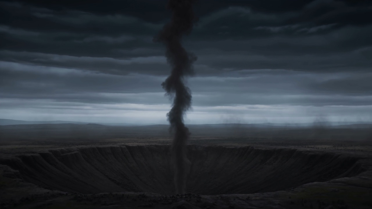 A column of smoke stands slowly up out of it. The dust drifts. The smoke leans