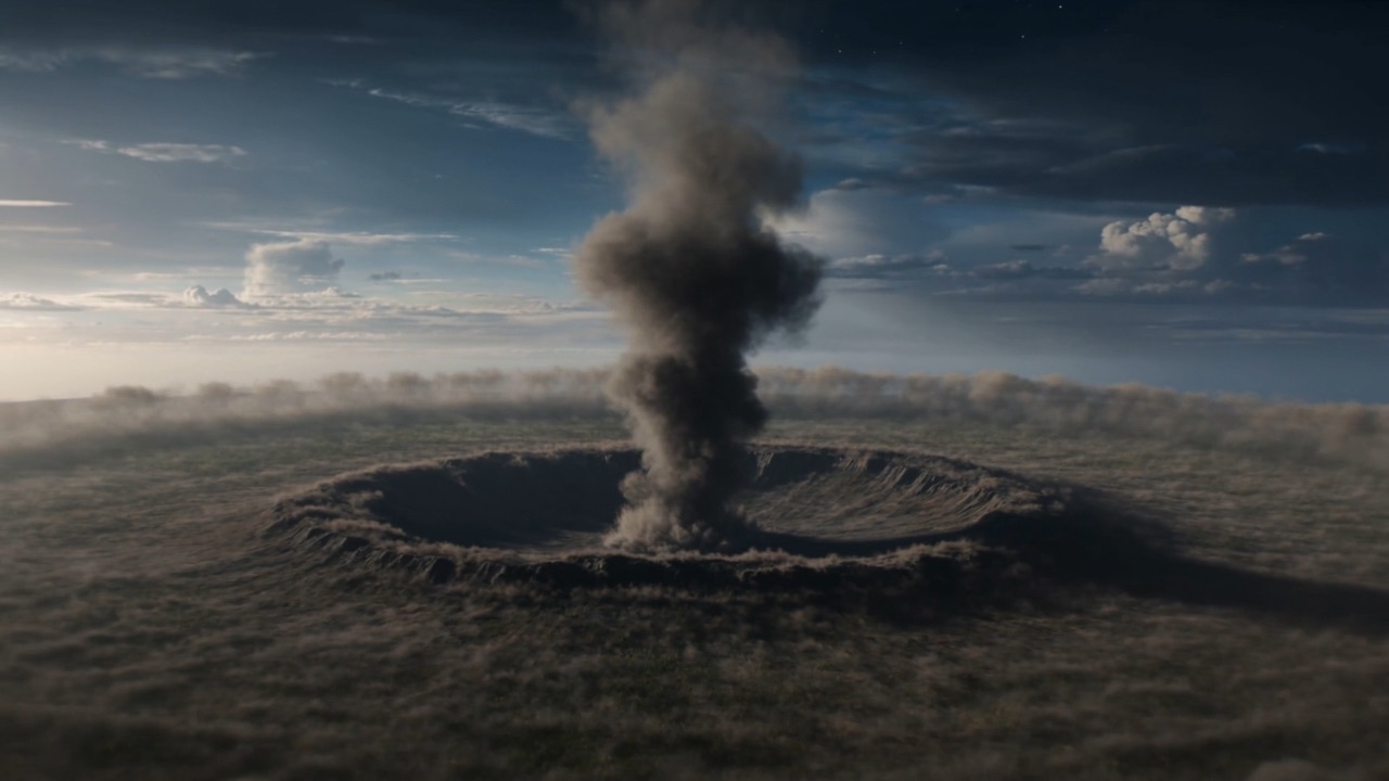 And a crater of darkness blooms in a quiet green land