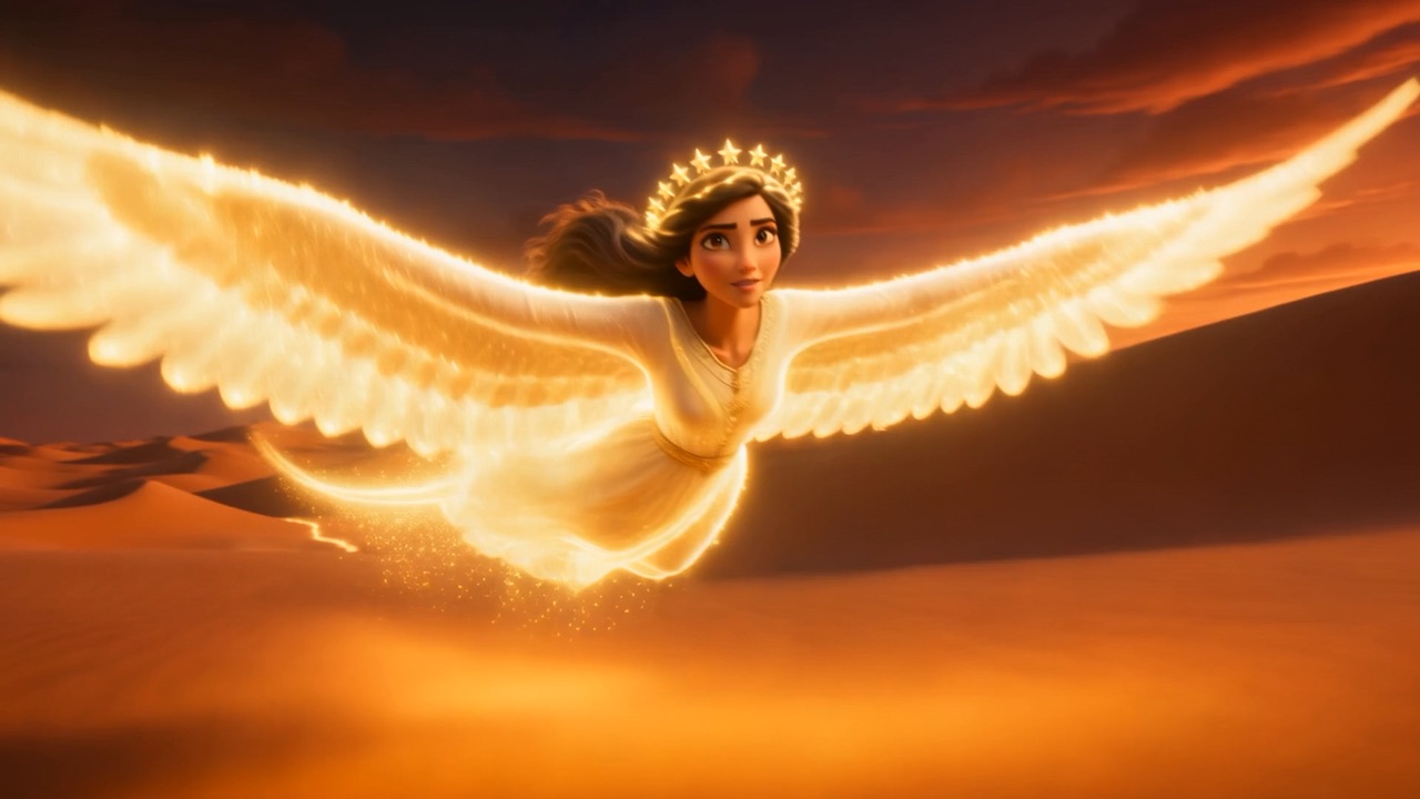 He finds her in the desert at dusk — she skimming the dune-crests, laying a gold road on the sand