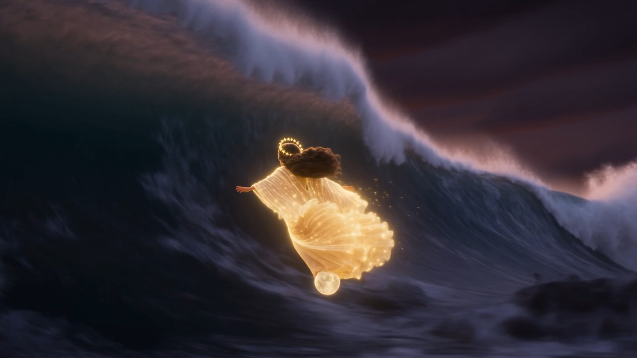 Her wings straining, her light low, the water-wall's shadow reaching her heels