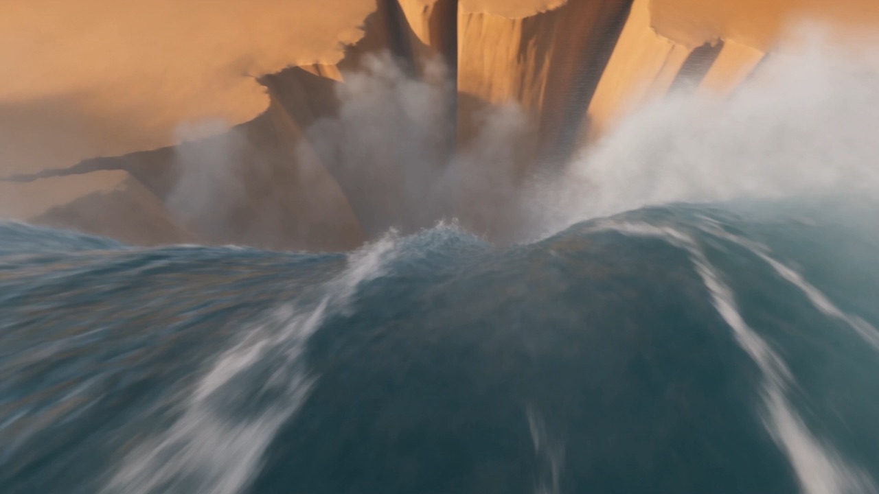 And then the ground takes her side: the desert floor cracks open across the flood's path