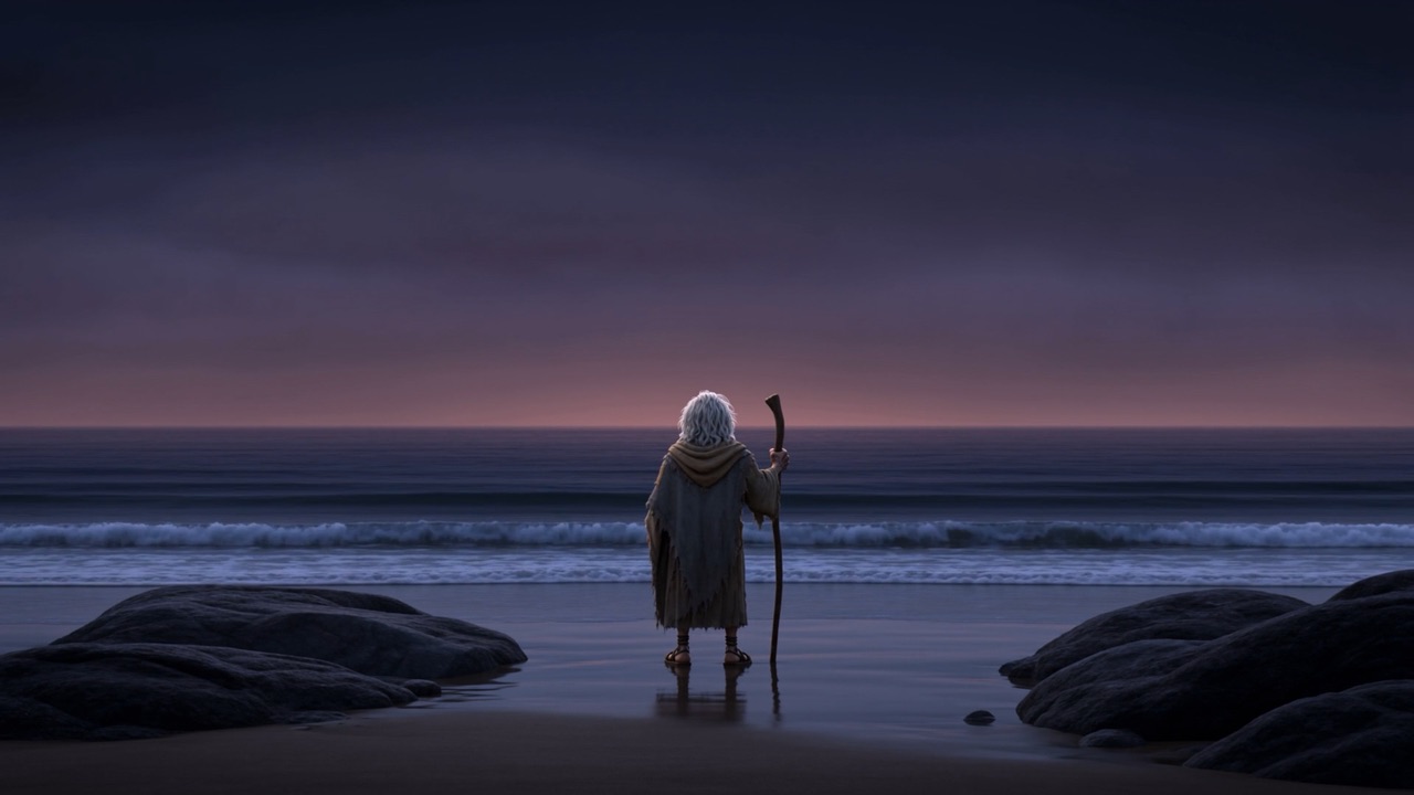 Same dusk. Same horizon. Same sea — and an old man standing where he stood