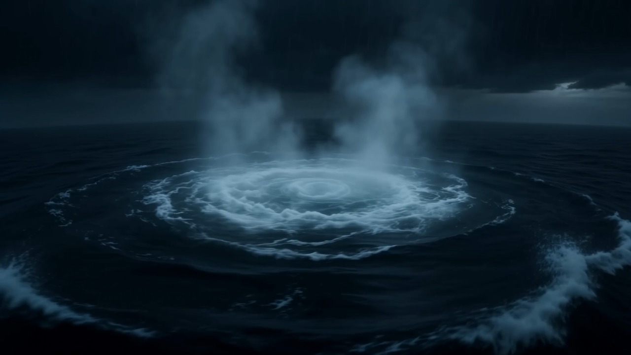 Far out on the dark water, a wide circle of sea begins to turn