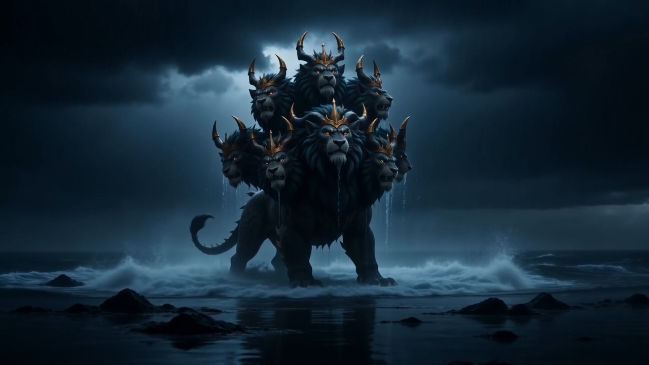 It stands in the shallows, sea streaming off its shoulders like torn banners