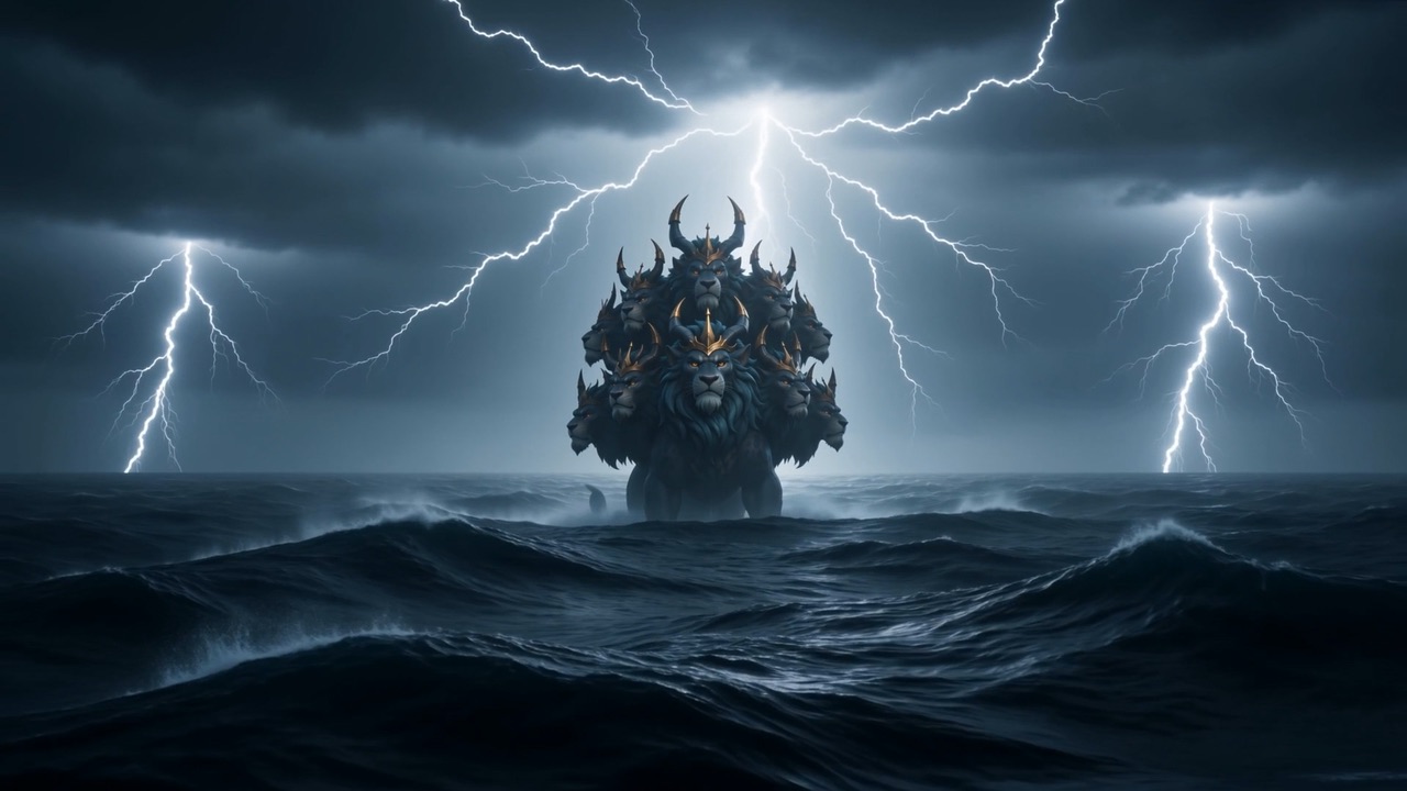 Risen, it poses — heads arranged by rank, horns tilted for the lightning to find