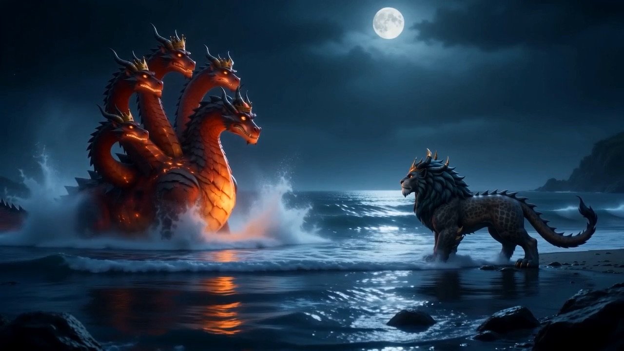 Then, from the beach, the dragon comes wading out to meet it