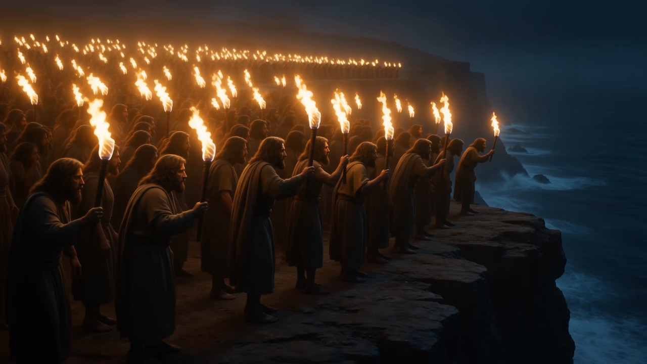 On the clifftops above the shore, people gather out of the dark with torches