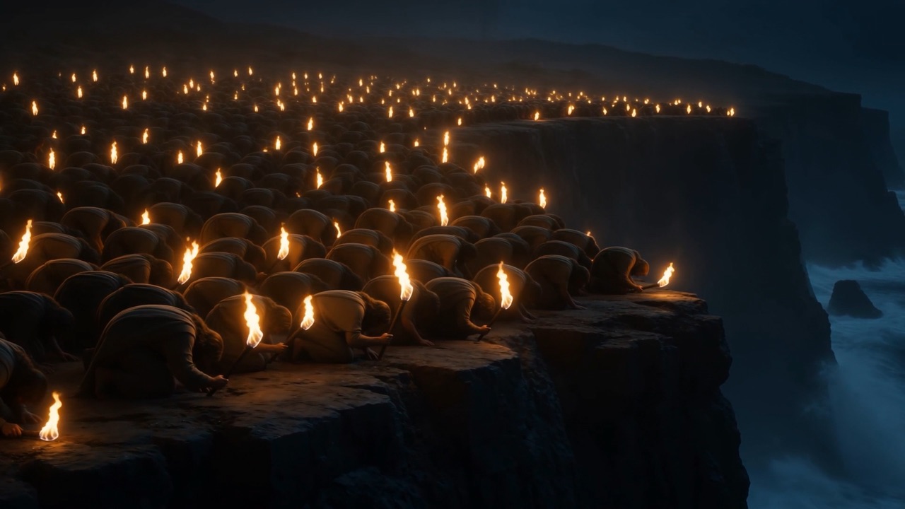 Rank after rank going down along the cliff-line, torches lowering like dipped wheat