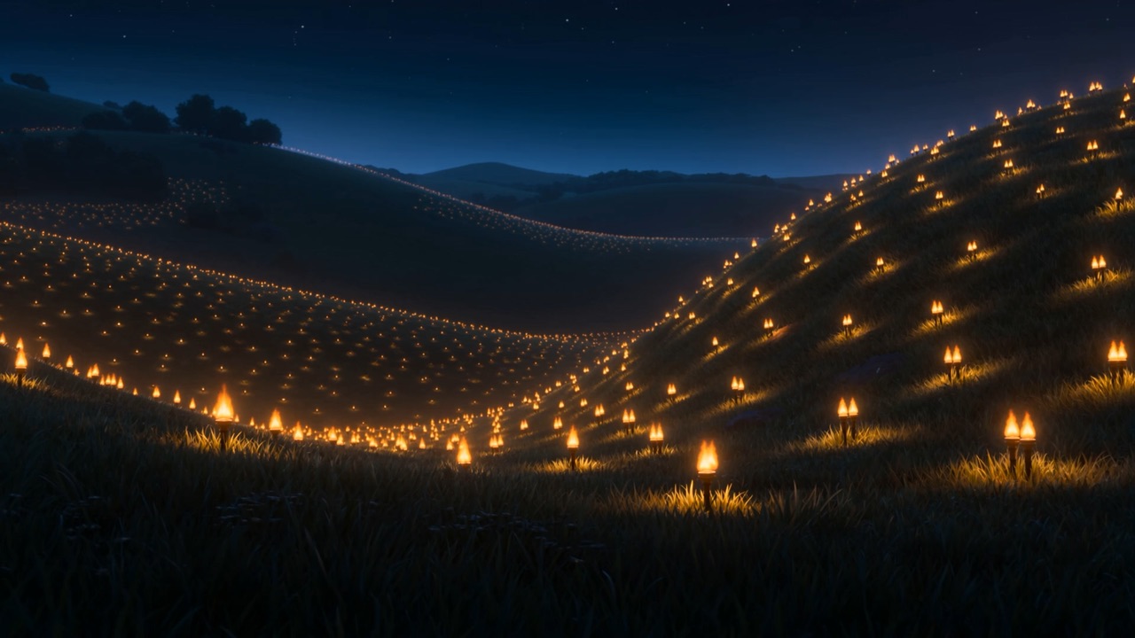 Somewhere else, that same night: a hillside covered in small flames