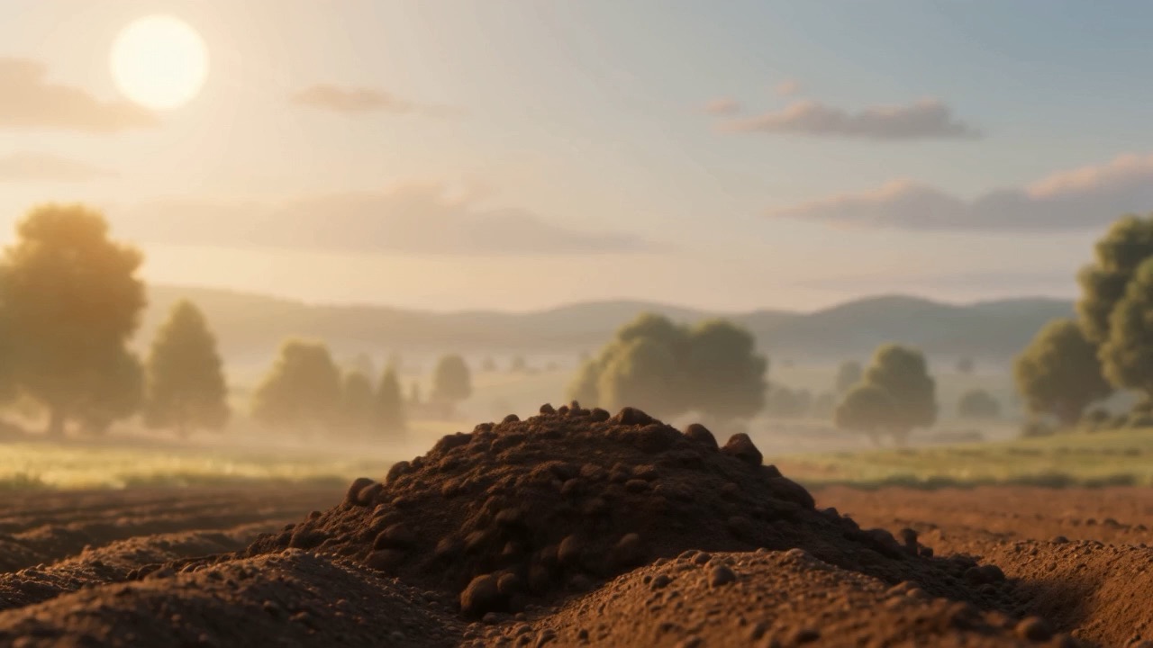 Morning, on tilled farmland. Between the furrows, the earth begins to stir