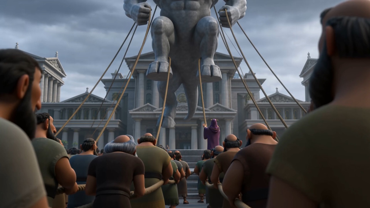 In the city square, ropes and scaffolds and hundreds of straining backs