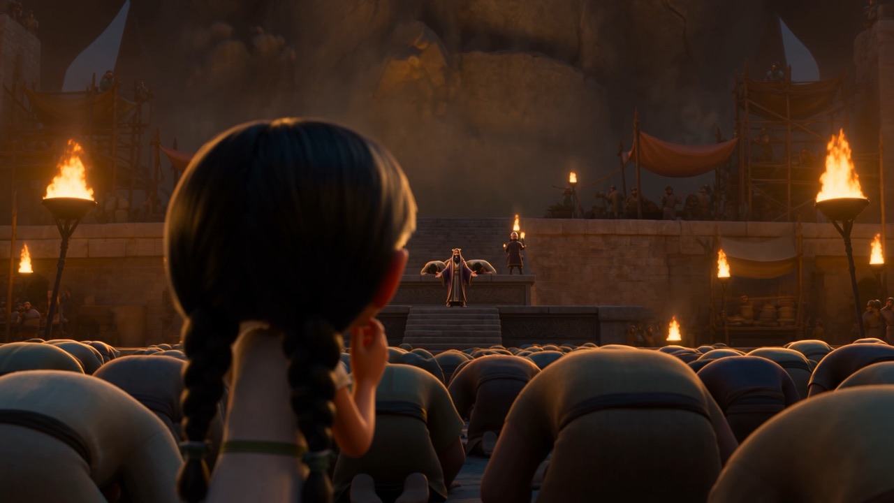 Except one. A small girl, still standing in a sea of bowed backs