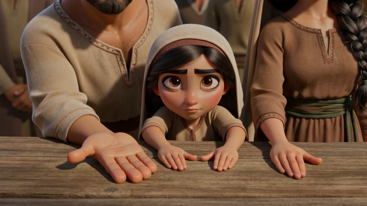 And the little girl, copying solemnly, holds up two small hands and a clear forehead