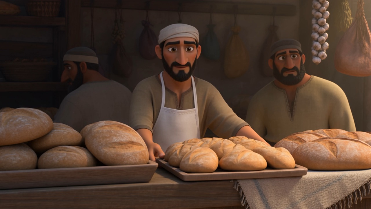 Beyond the bar, the baker draws his tray back out of reach