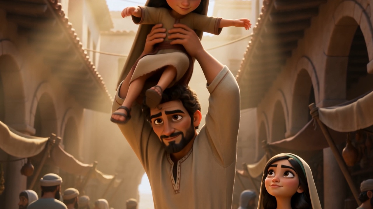 Her father swings her up onto his shoulders in one practised arc