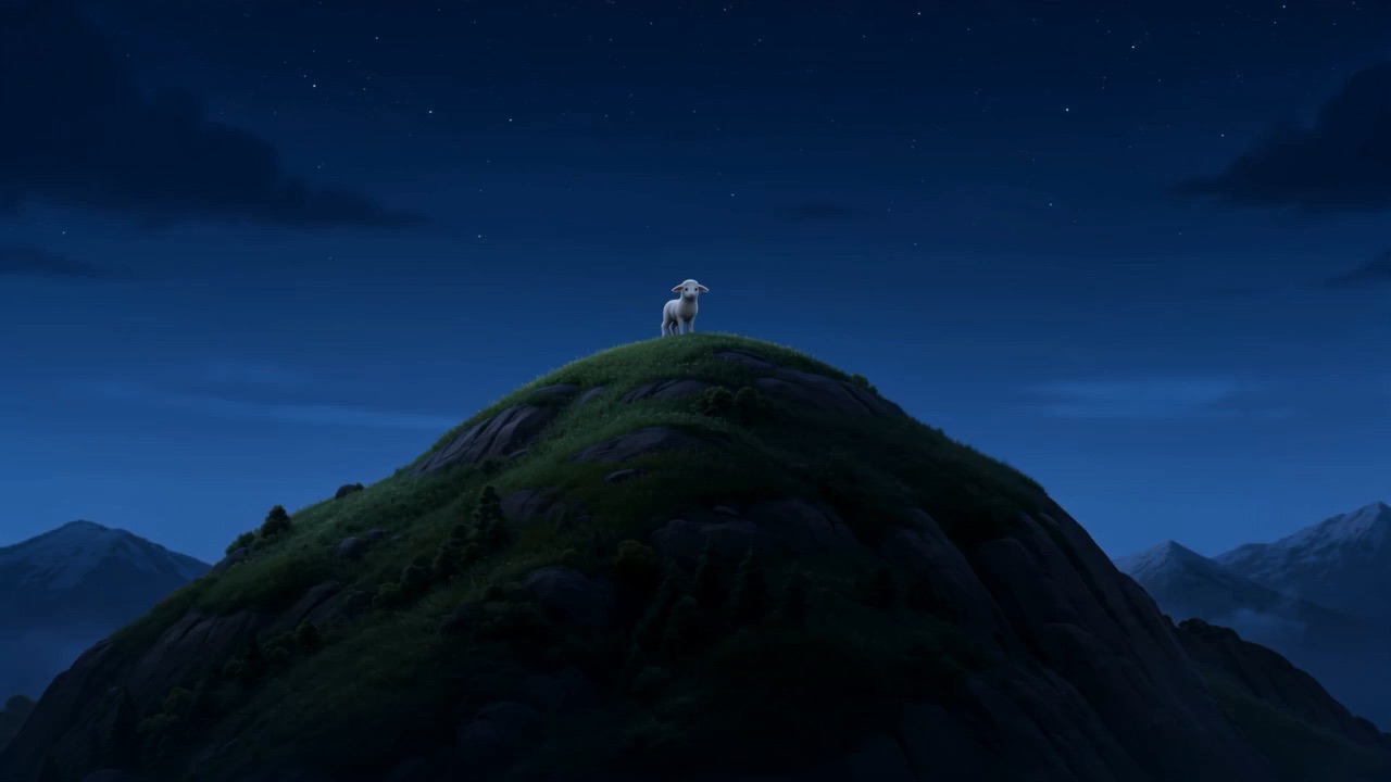 A high green summit in the last blue dark, and something small and white standing on it