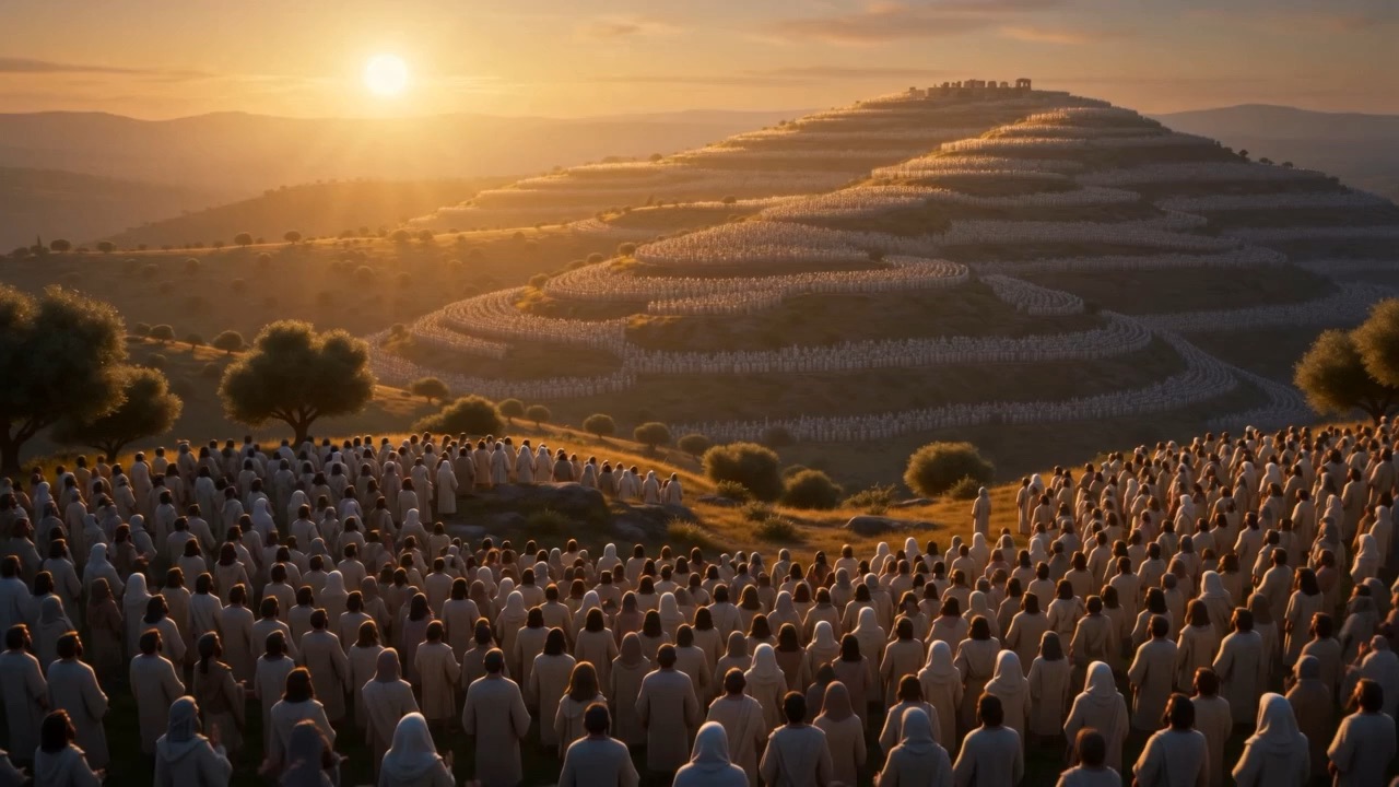 And the slopes below fill: rank upon rank standing in the new gold