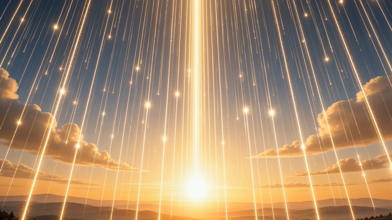 The sky itself begins to sound — a shimmer coming down like rain that is not rain
