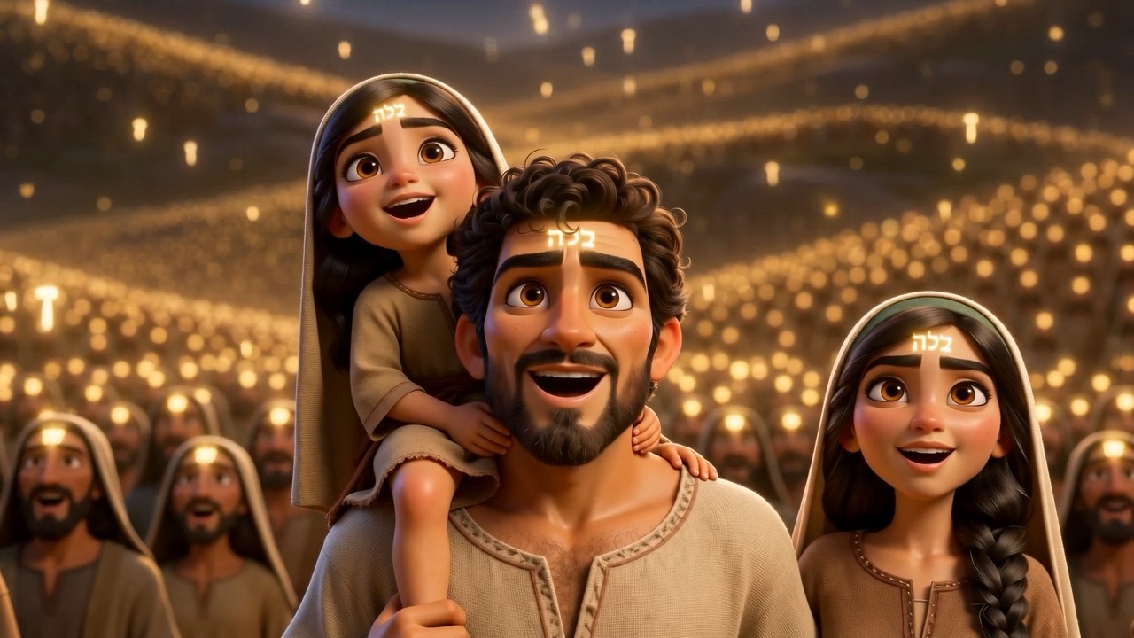 The girl still riding her father's shoulders, head back, singing loudest of all