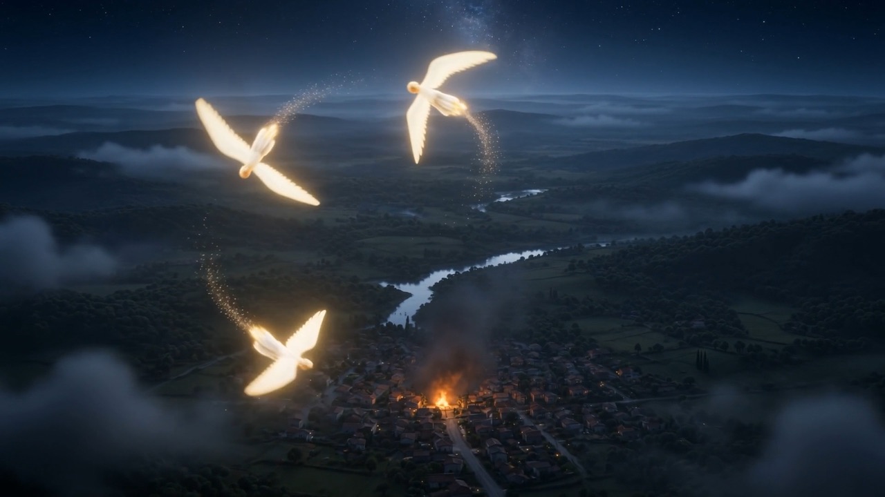 High over the shadowed lands, three lights cross mid-heaven in file