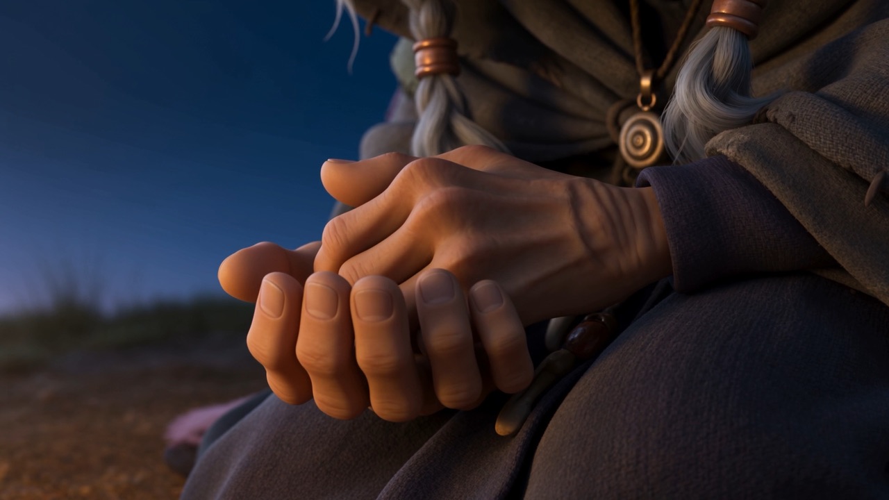Far below, on a hillside at dusk, a widow kneels at fresh-turned earth