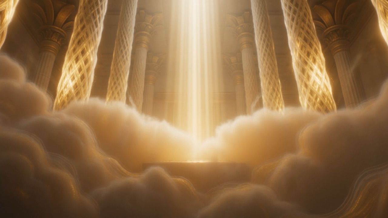 One shaft of white-gold light still reaching down to the step