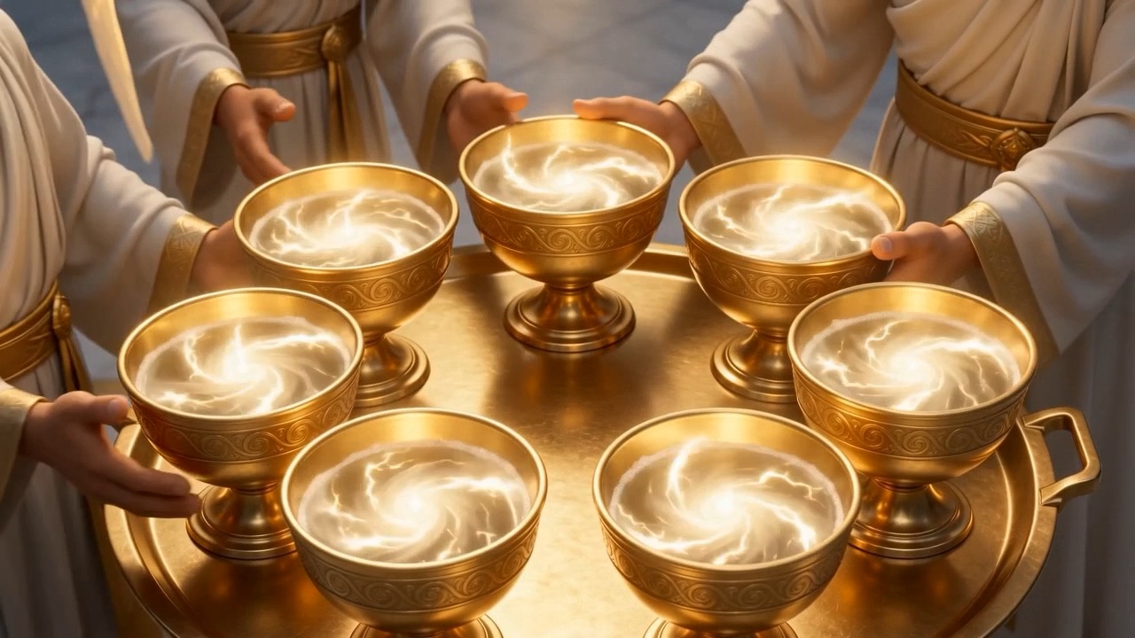 On a tray of light: seven golden bowls, brim-full of turning storm