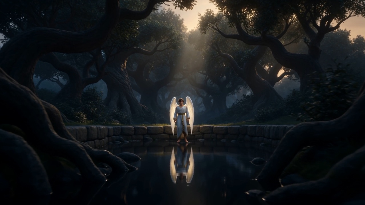 And in a grove far below, one bright thing walks down into a blackened pool