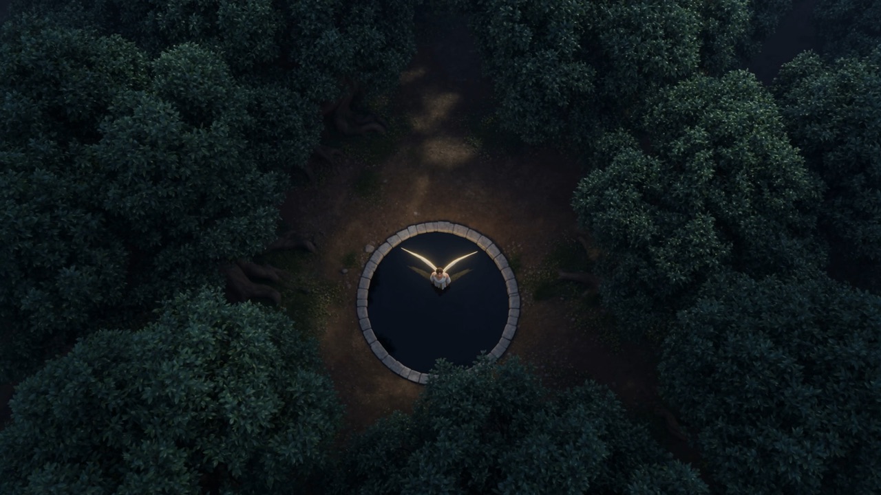From above: a black circle in a dark wood, with one small light keeping watch at its rim