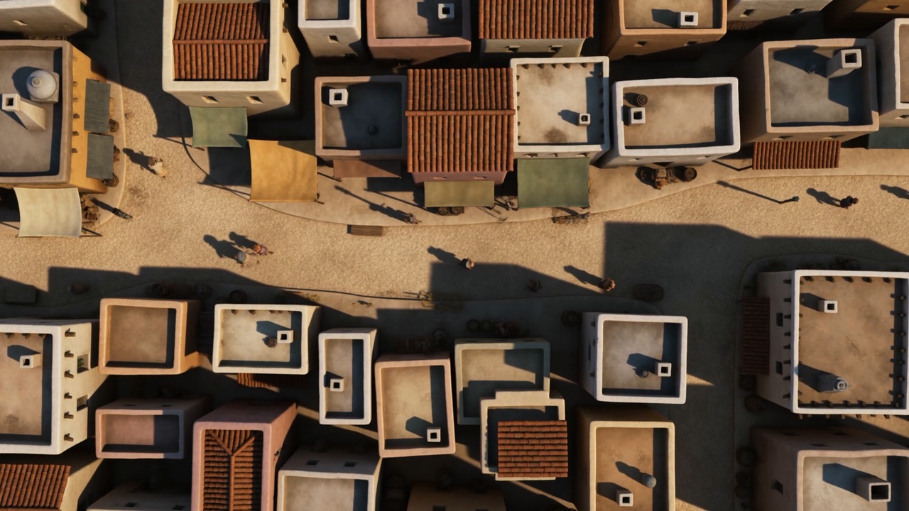 And every shadow in the town below goes knife-sharp, black as cut paper
