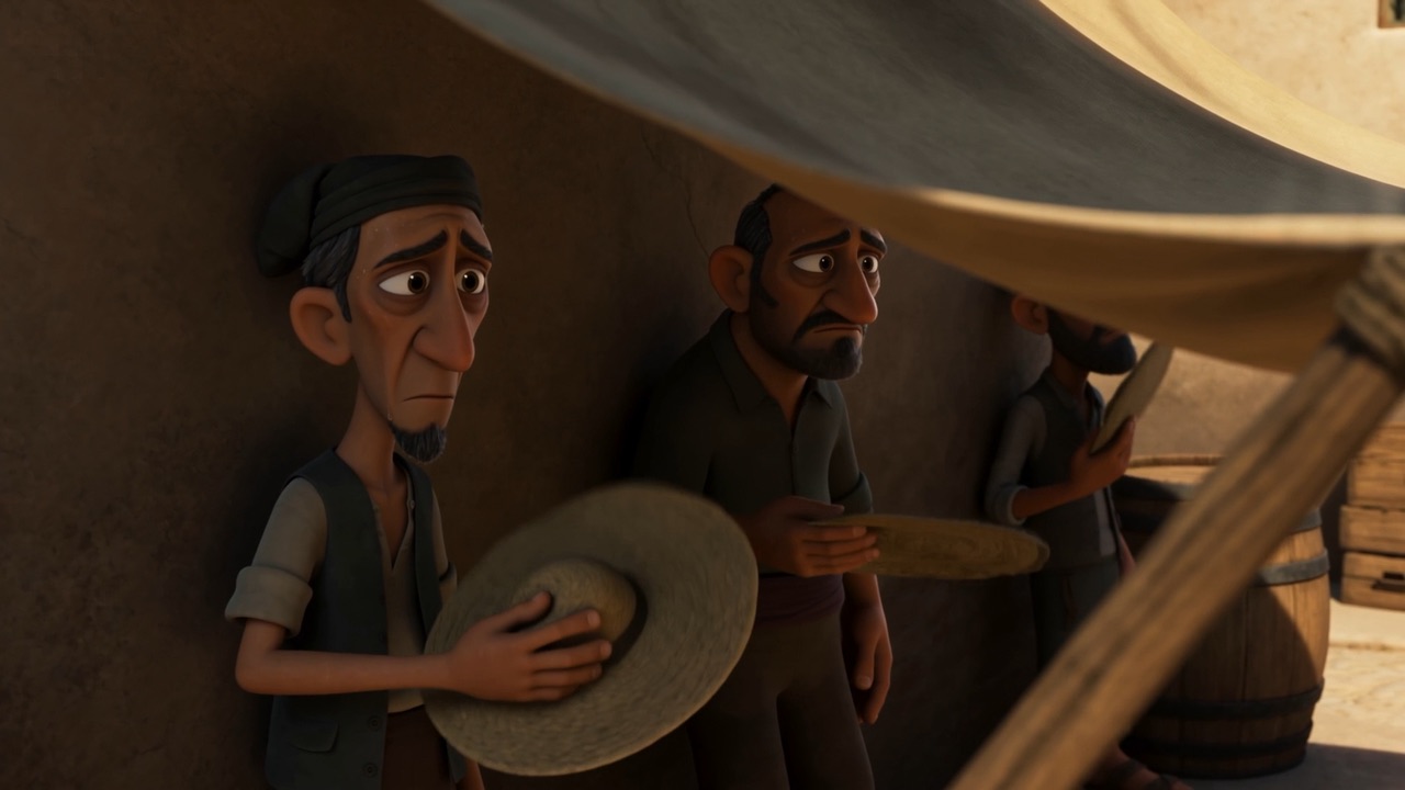 Underneath it, men press to the wall in the strip of shade and fan themselves with their hats