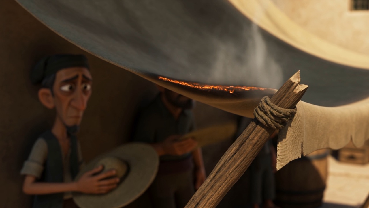 Along the sun-side edge of an awning, the cloth begins to smoke